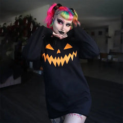Halloween Pumpkin Print Hooded Dress with Drawstring