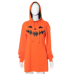 Halloween Pumpkin Print Hooded Dress with Drawstring