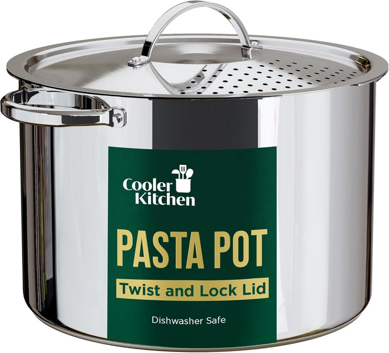 Stainless Steel Pasta Pot with Locking Strainer Lid - 5.5 Quart Large Capacity | Twist & Lock for Easy Drain & No Colander