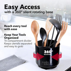 Cooler Kitchen Extra Large and Sturdy Rotating Utensil Holder Caddy with No-Tip Weighted Base, Removable Divider, and Gripped Insert | Rust Proof and Dishwasher Safe