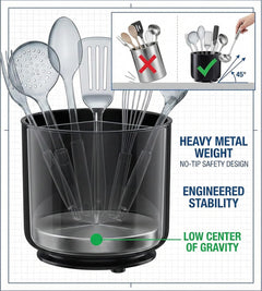 Cooler Kitchen Extra Large and Sturdy Rotating Utensil Holder Caddy with No-Tip Weighted Base, Removable Divider, and Gripped Insert | Rust Proof and Dishwasher Safe