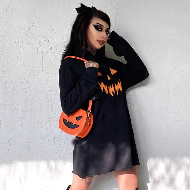 Halloween Pumpkin Print Hooded Dress with Drawstring