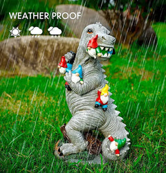 Resin Dinosaur with Gnomes Statue w/ Bear and Cat Variants