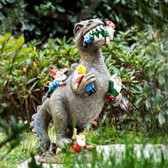 Resin Dinosaur with Gnomes Statue w/ Bear and Cat Variants