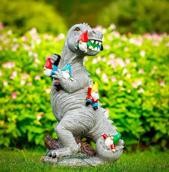 Resin Dinosaur with Gnomes Statue w/ Bear and Cat Variants